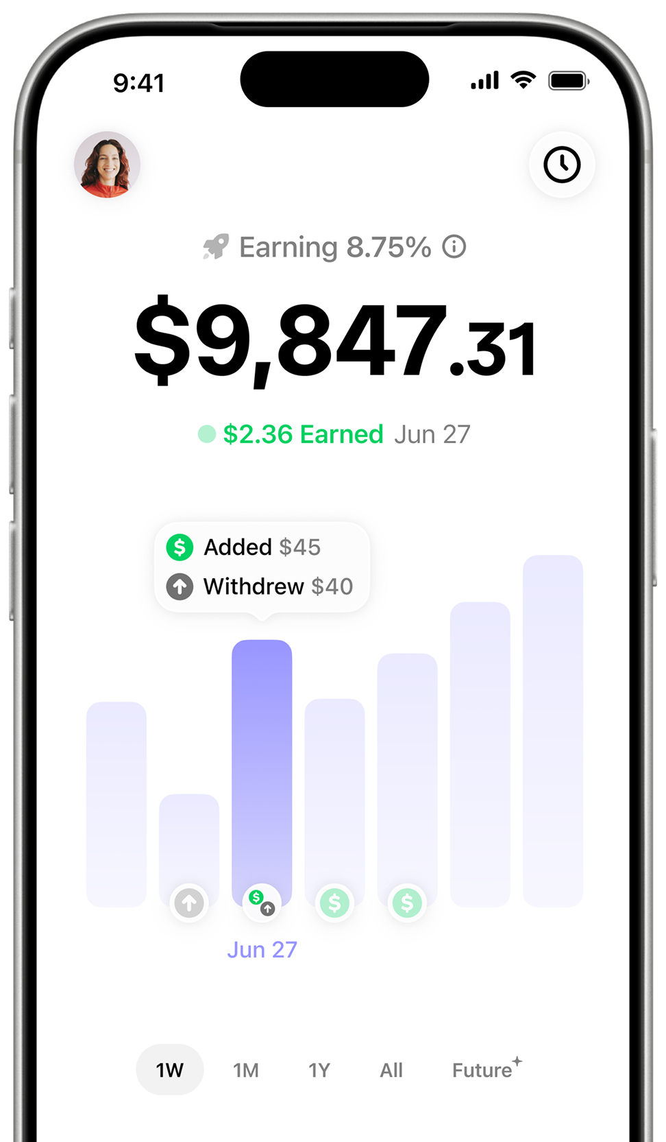 The Aave app showing a savings balance earning 8.75%.